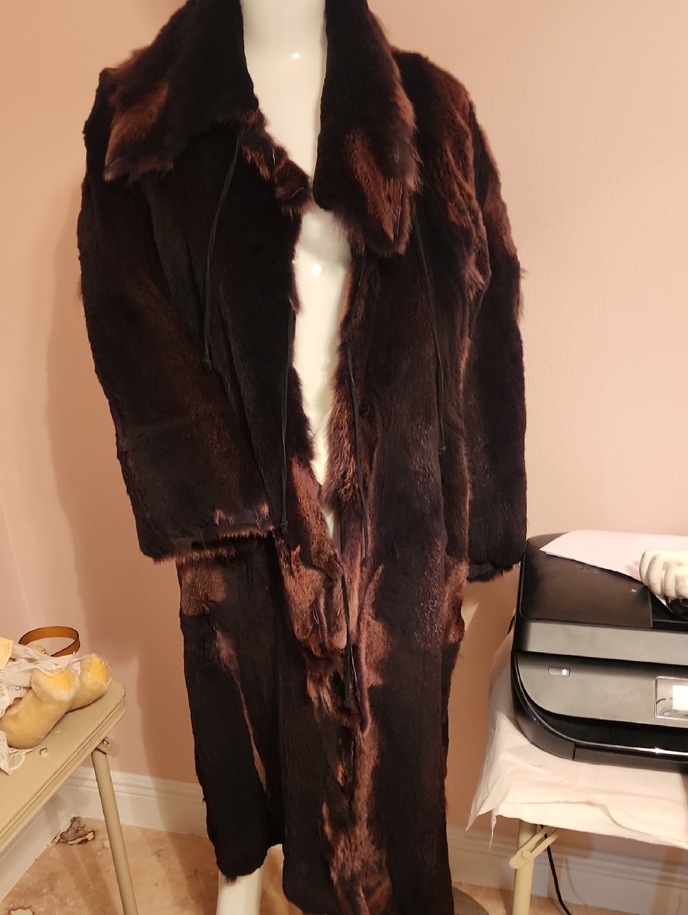 Neiman Marcus Long Deep Purple Real Fur Reverse Coat Hand Painted Suede Inner